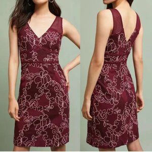 Anthropologie Women's Midi Length Cocktail Dress Ariana Lace, Wine Red, Size 12